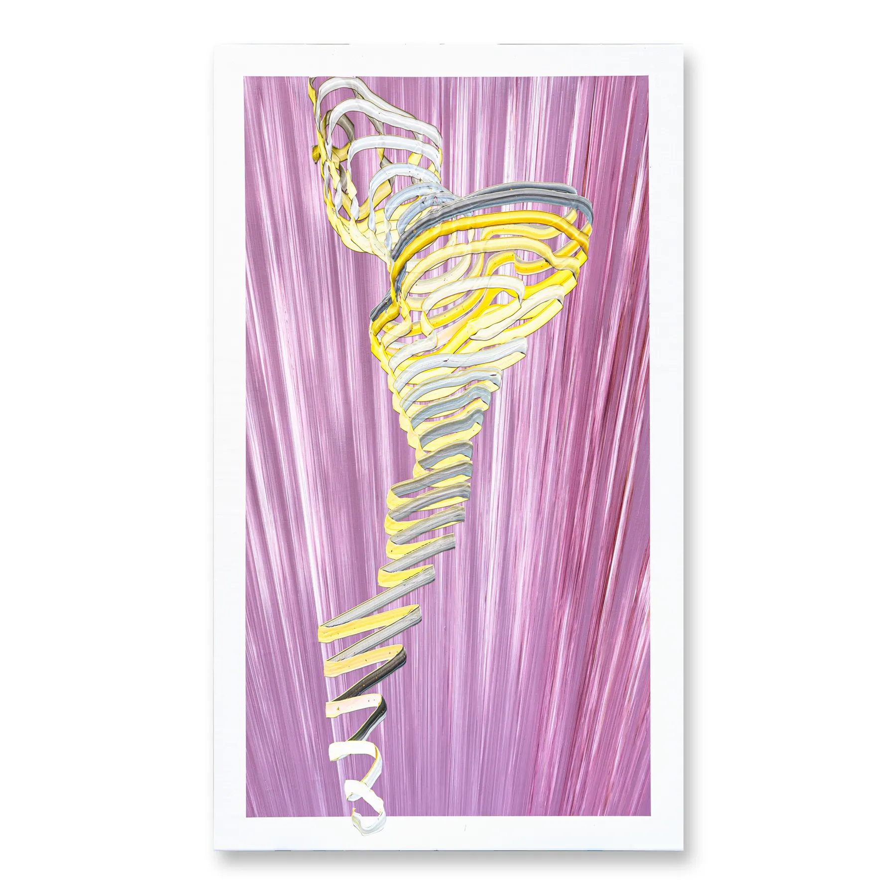 Line painting of a twisting tower of yellow and grey loops on streaked pink, Teetering