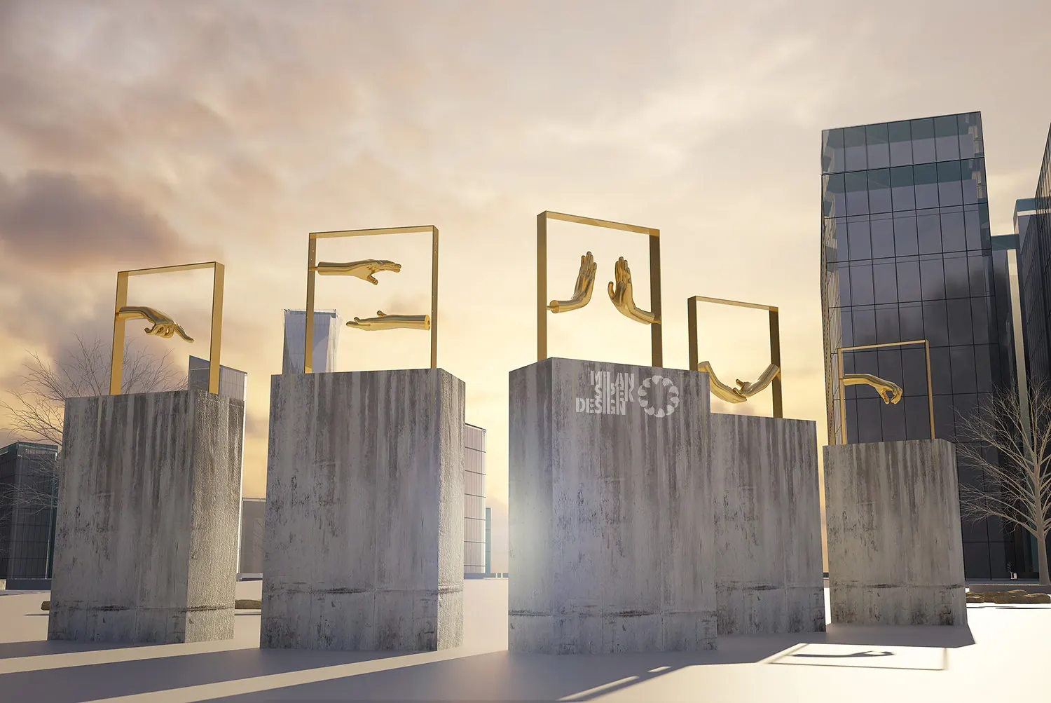 Rendering of gold frames holding golden hands on concrete plinths among towers, Powerlong unrealized concept