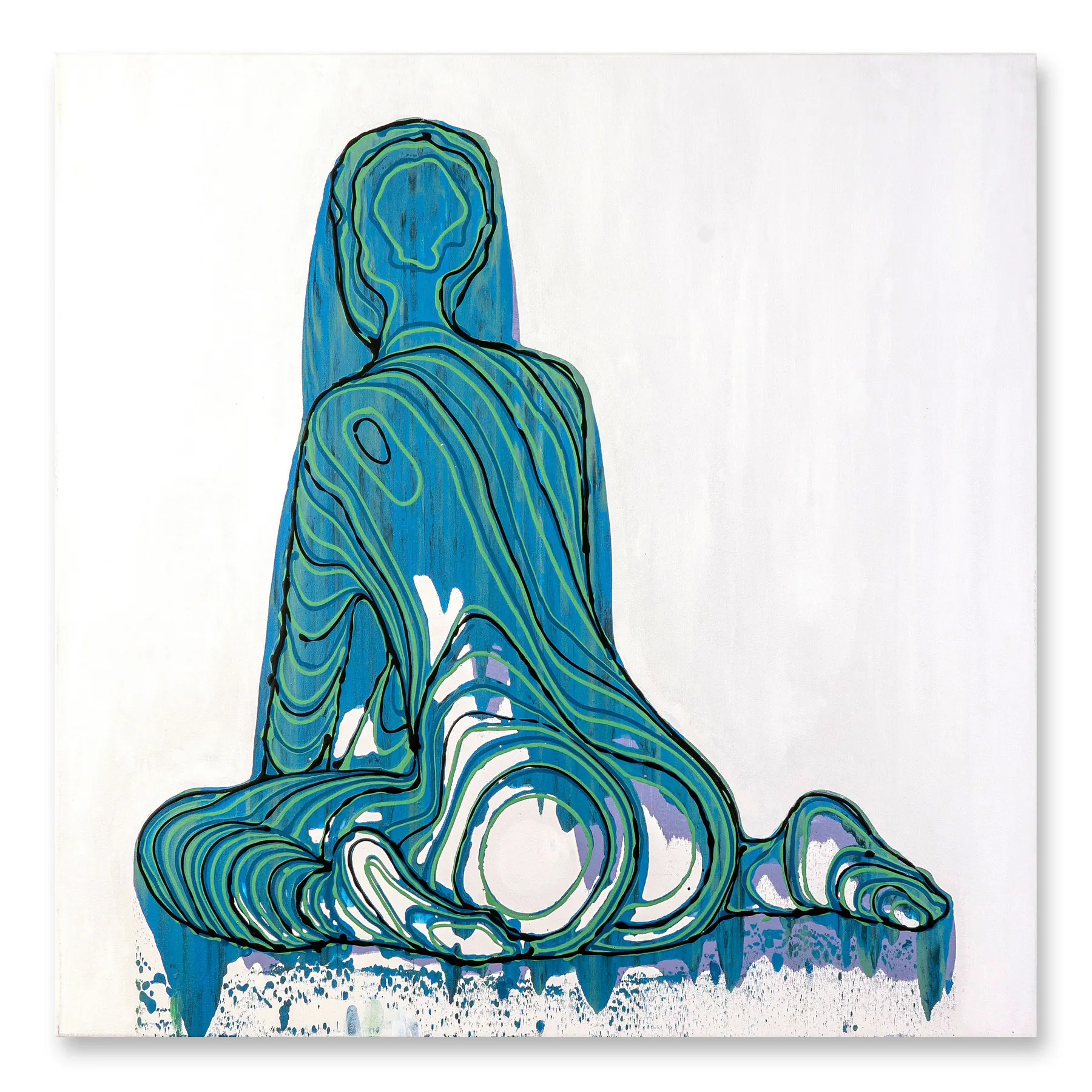 Line painting of a seated figure in blue and green dissolving into drips on white, Vanishing