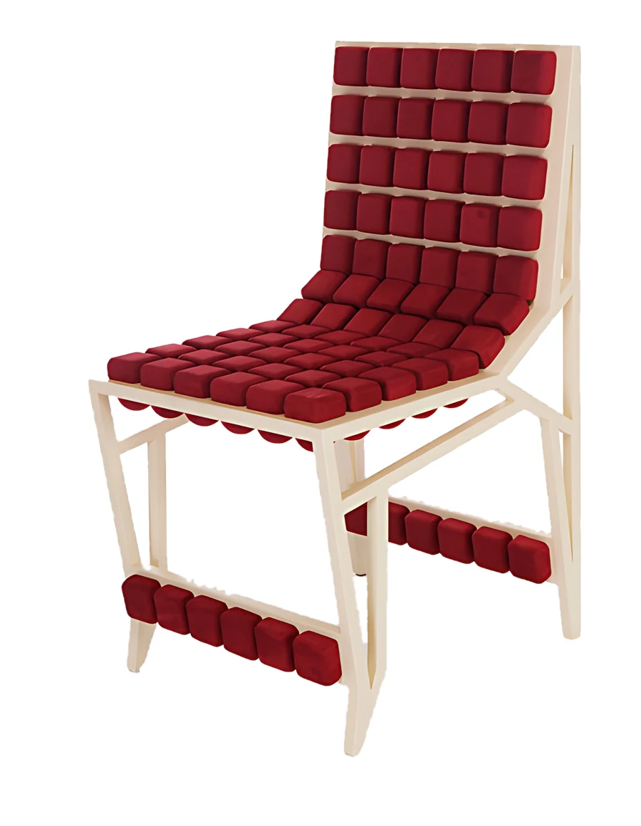 Juno chair by Morphit, front view, red cushions on a cream frame