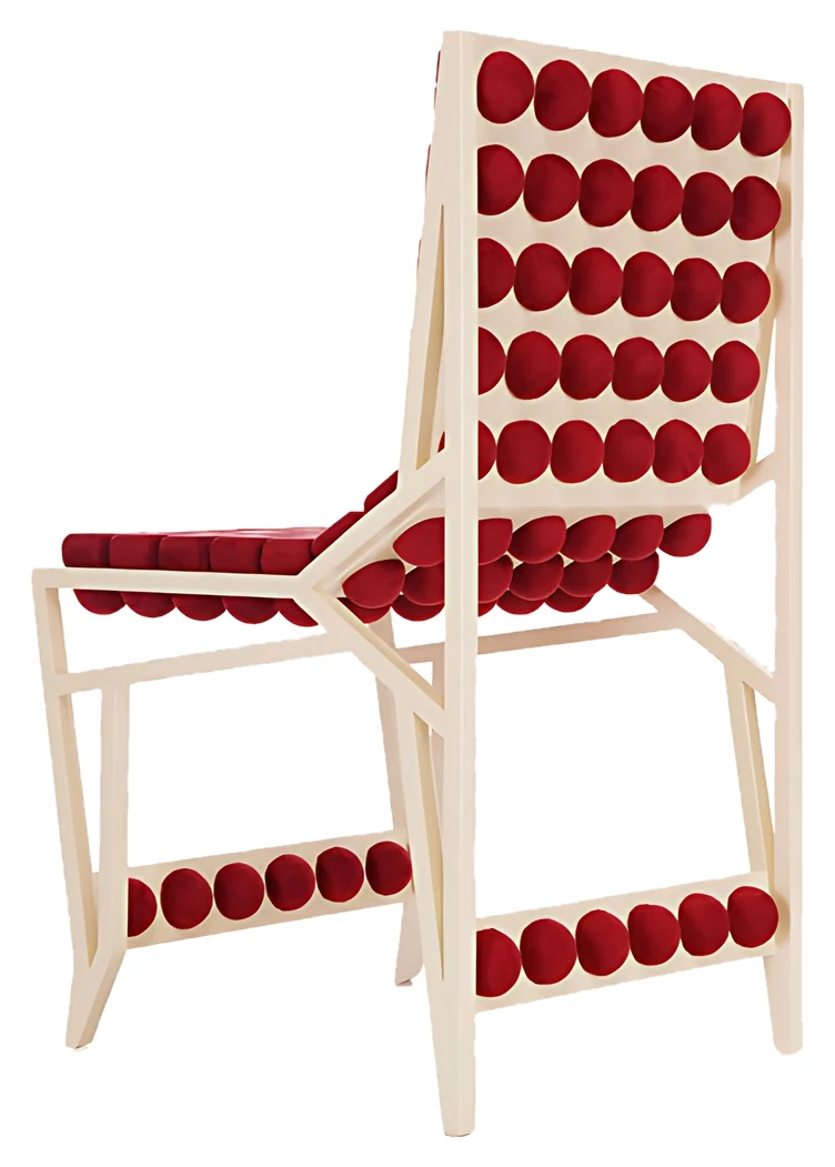 Juno chair by Morphit, back view, red cushions on a cream frame